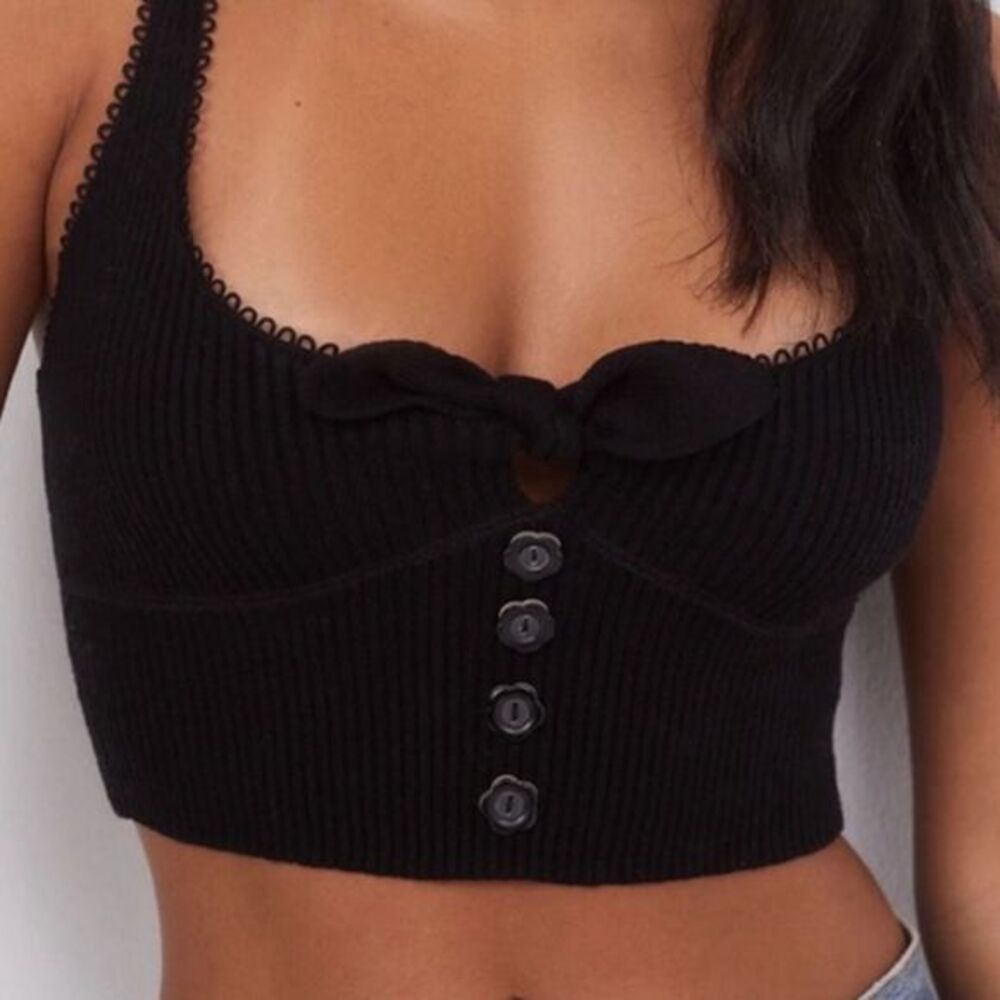 For Love & Lemons Womens S Pointelle Knit Crop Top Black Ribbed Bow Coquette New